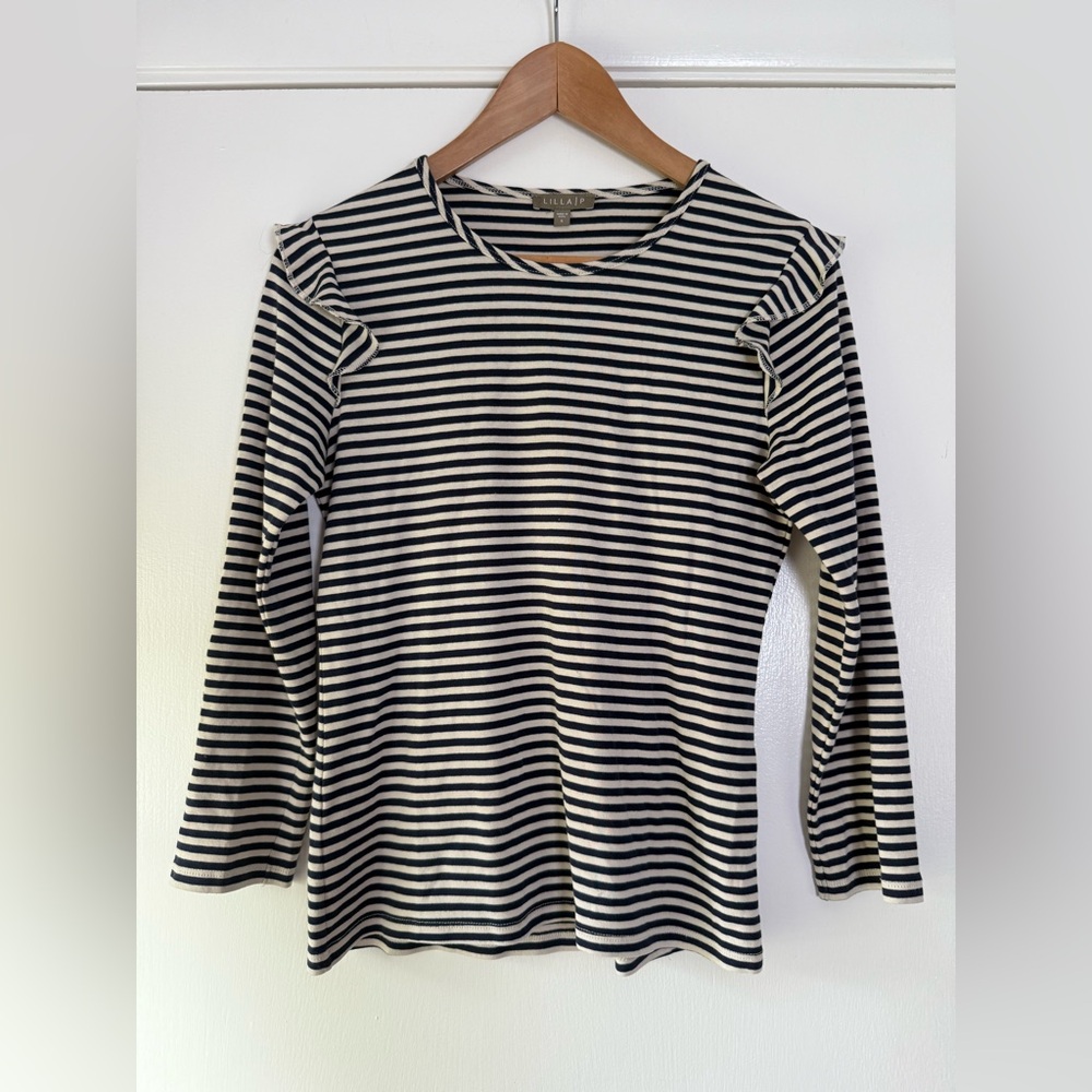 Lilla P Ruffle Shoulder Long Sleeve Stripe Pima Cotton Top Classic Preppy Chic